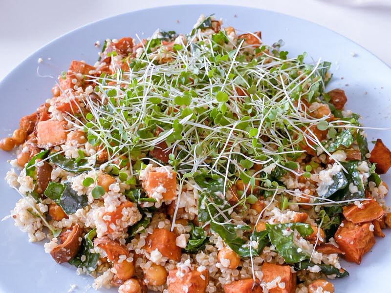 Quinoa and sweet potatoes with arugula microgreens as topping